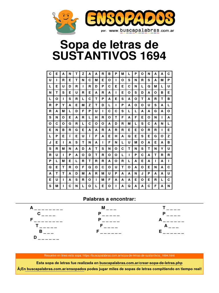 Sopa de Letras: Sustantivos em Espanhol | PDF