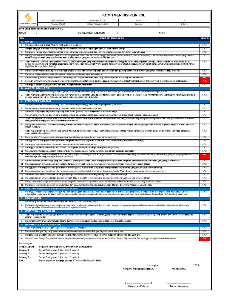 Bpe-She-Form-02 Komitmen Disiplin K3L - 093008 | PDF
