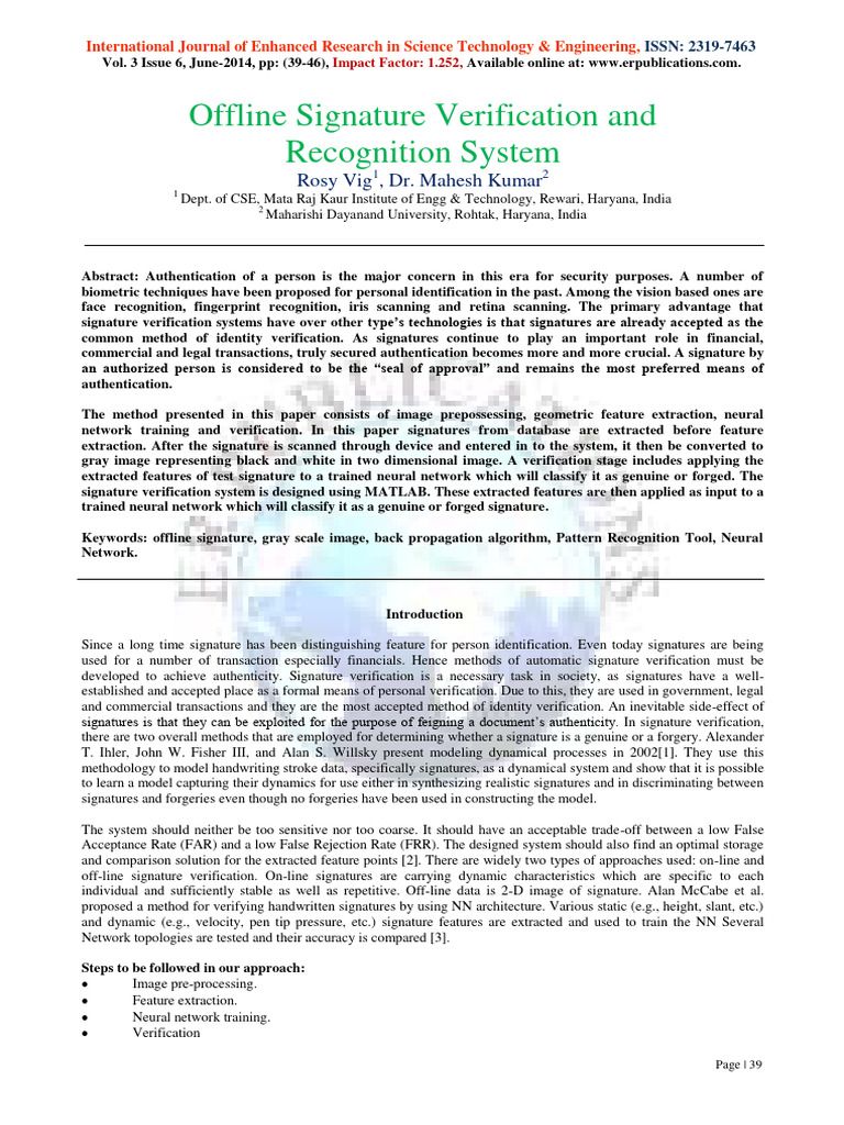 Offline Signature Verification and Recognition System: Rosy Vig, Dr ...