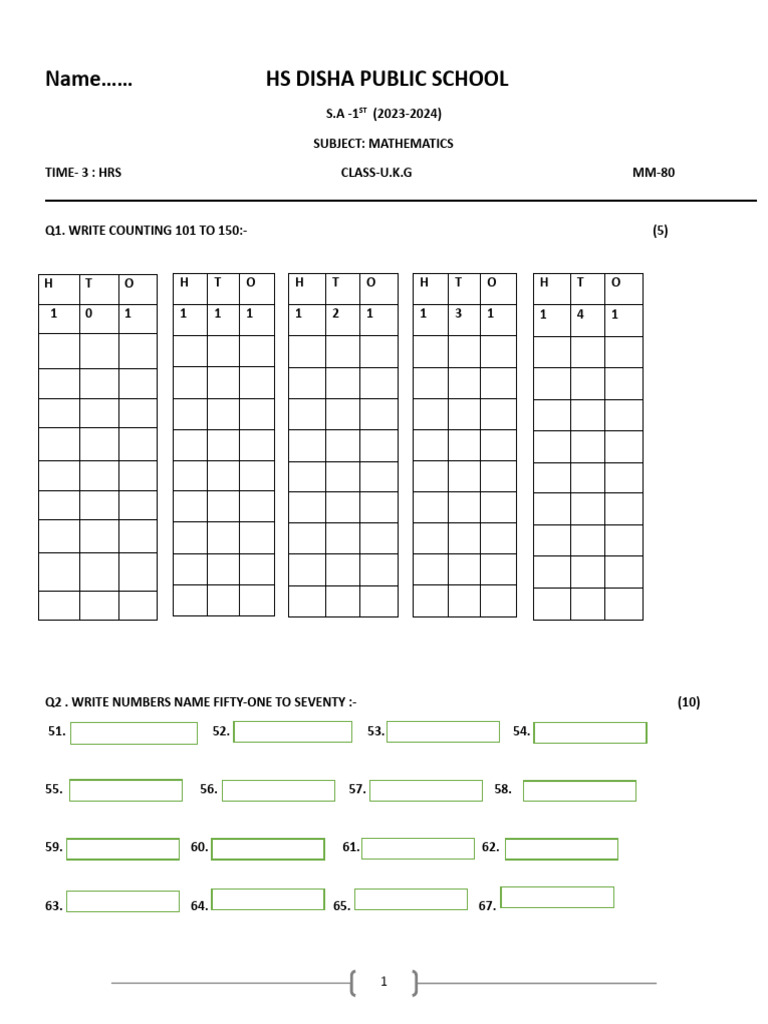 U.K.G Maths Question Paper 2023-24 | PDF | Teaching Methods & Materials