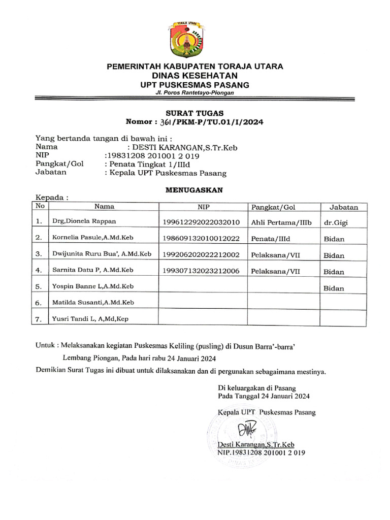 Laporan DTPK PKM Pasang Januari 2024 | PDF