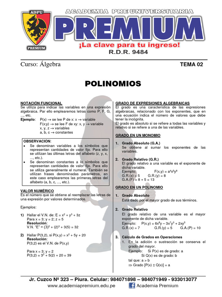 Tema 02 de Algebra - Expresiones Algebraicas | PDF | Variable ...