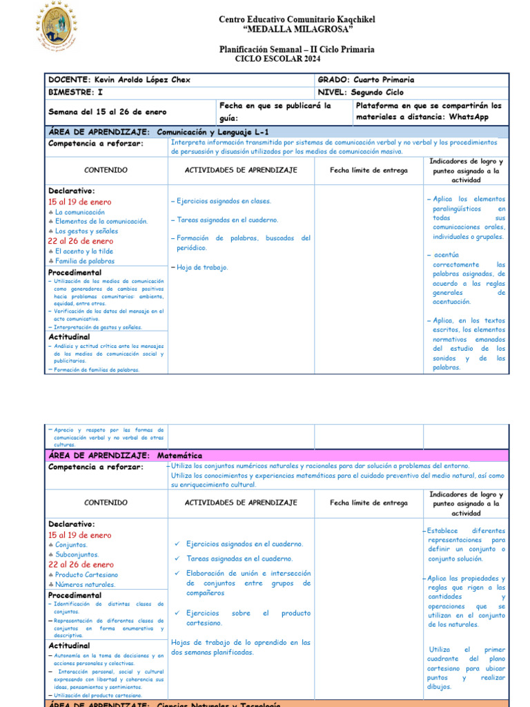 Planificación Semanal 4° Primaria 2024 | PDF | Comunicación | Aprendizaje