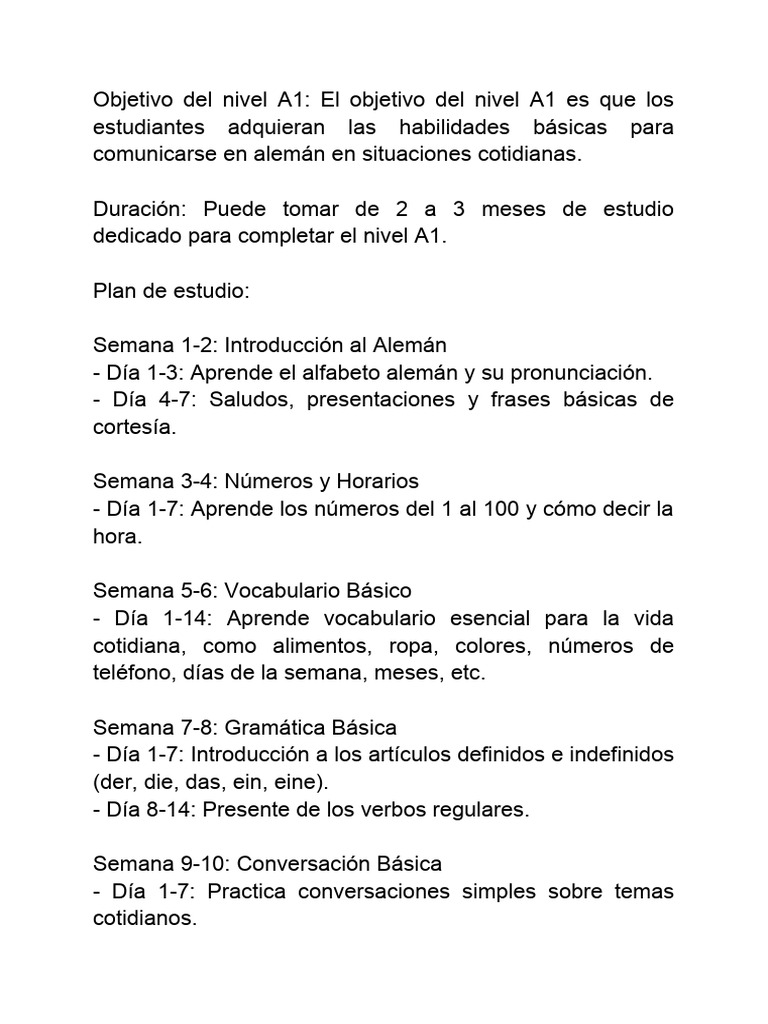 Plan de Estudio Alemán A1 | PDF