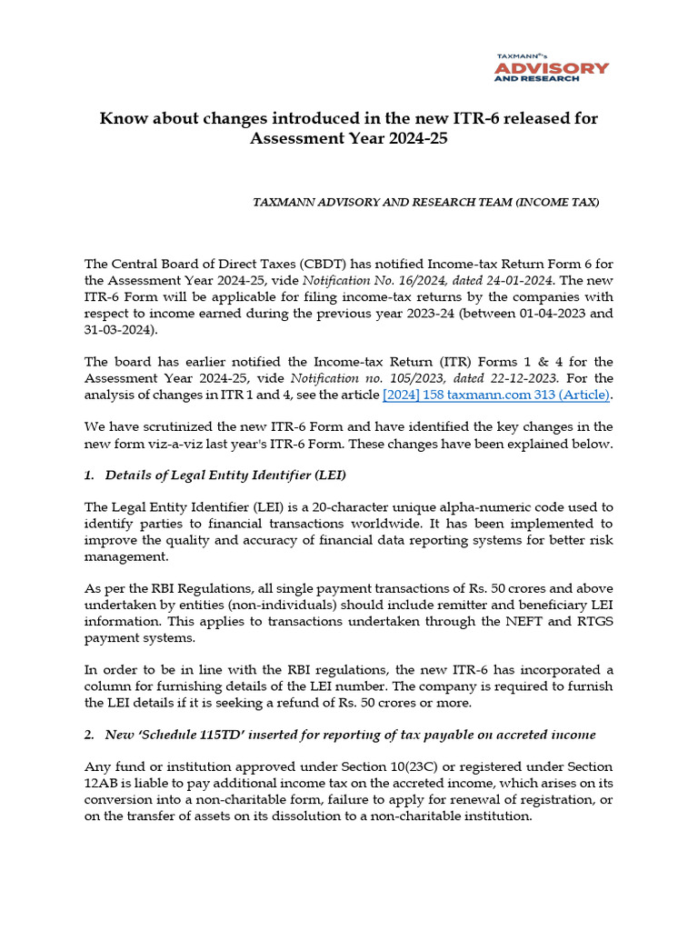 ITR-6 Updates for Companies 2024-25 | PDF | Capital Gains Tax | Taxes