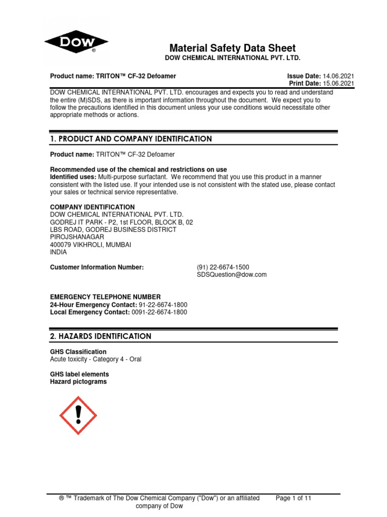 DOW triton-cf32-defoamer-MSDS | PDF | Firefighter | Toxicity