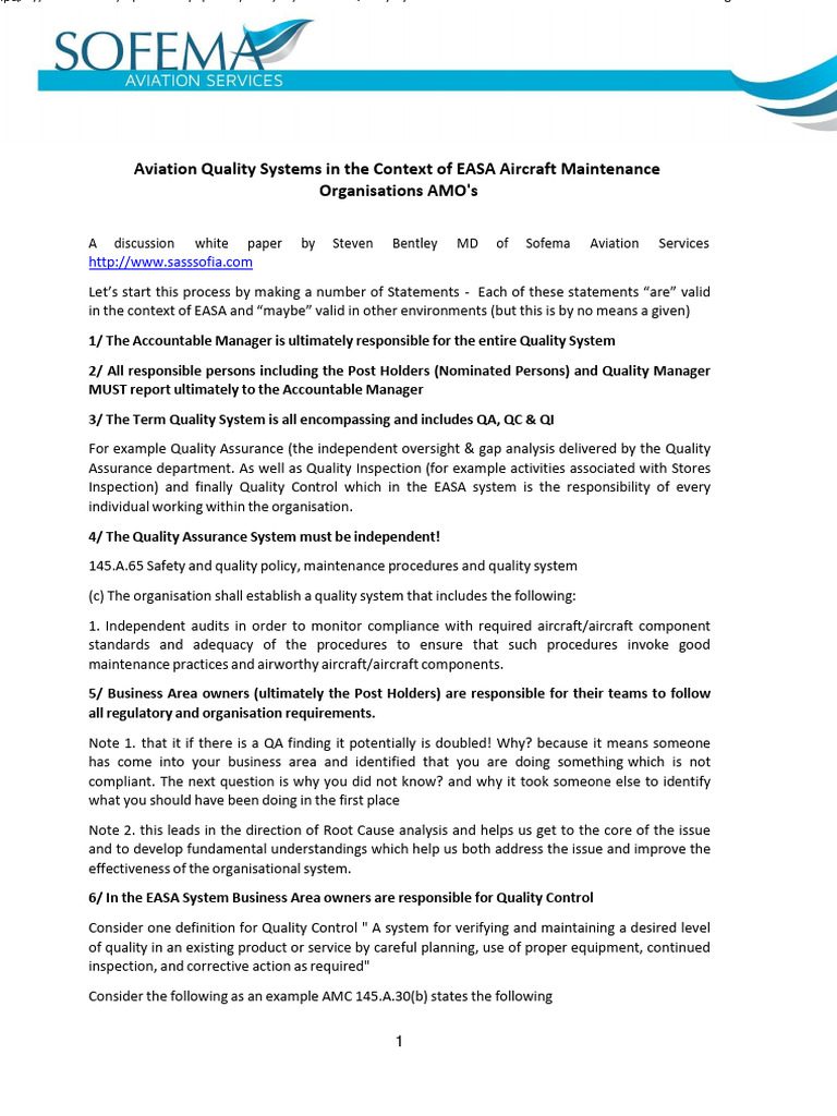 Aviation Quality Systems in the Context of EASA Aircraft Maintenance Organisations AMOs PDF