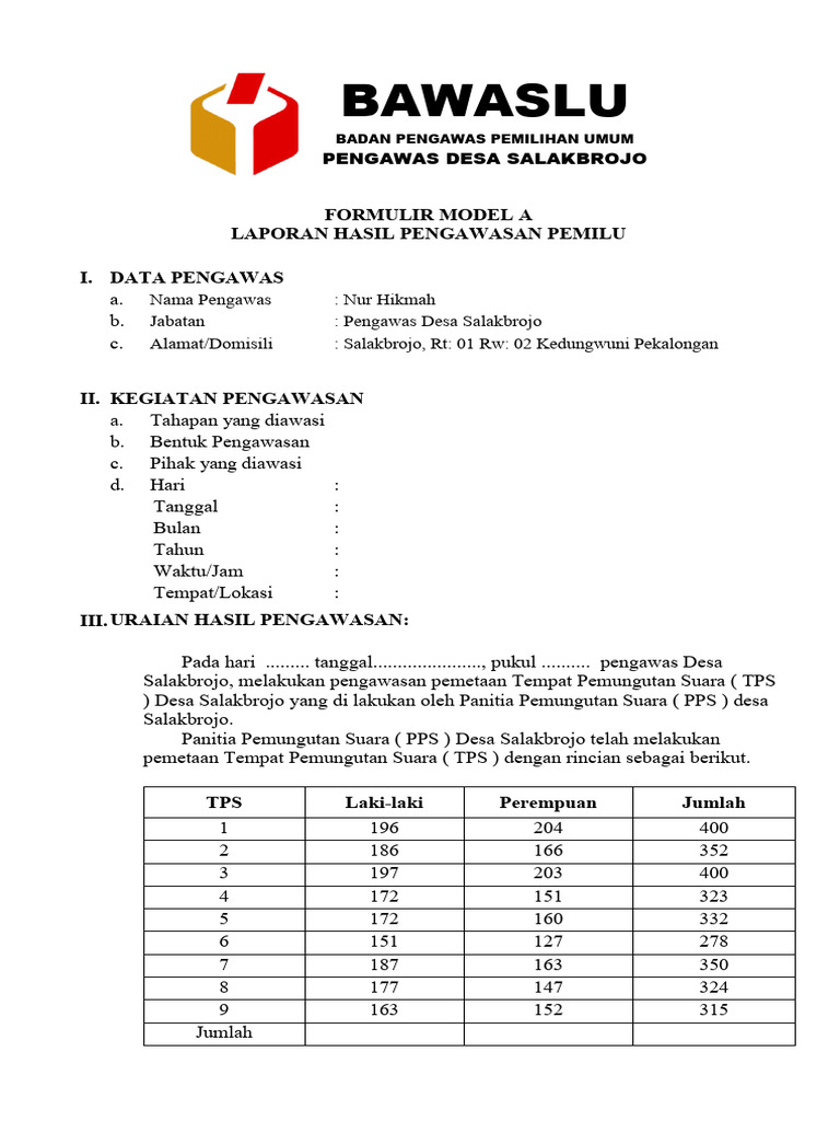 Form A Pengawasan Pemetaan TPS | PDF