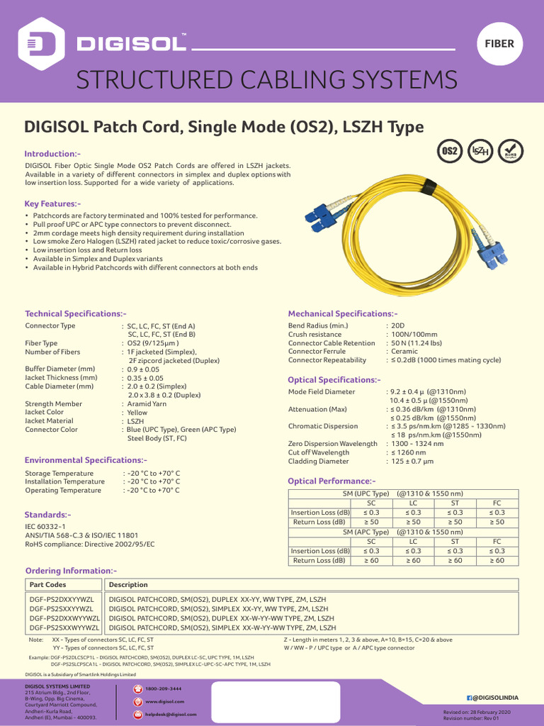 Fiber Optic Patch Cords by Digisol | PDF | Optical Fiber | Electrical ...