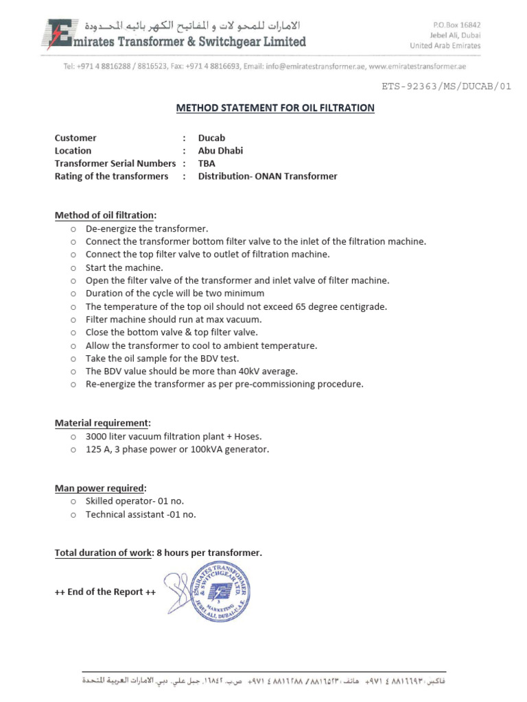 Method Statement For Oil Filtration | PDF