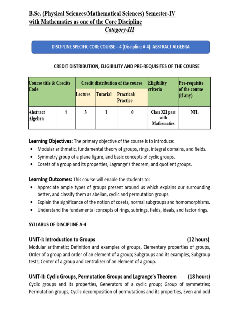 Abstract Algebra Course Syllabus | PDF | Group (Mathematics) | Ring ...