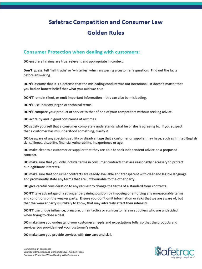 Ccl golden rules consumer protection when dealing with customers
