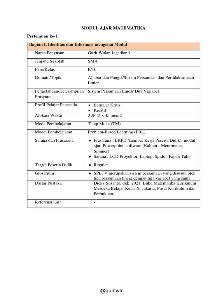 Modul ajar sistem persamaan dan pertidaksamaan linier kelas x pdf