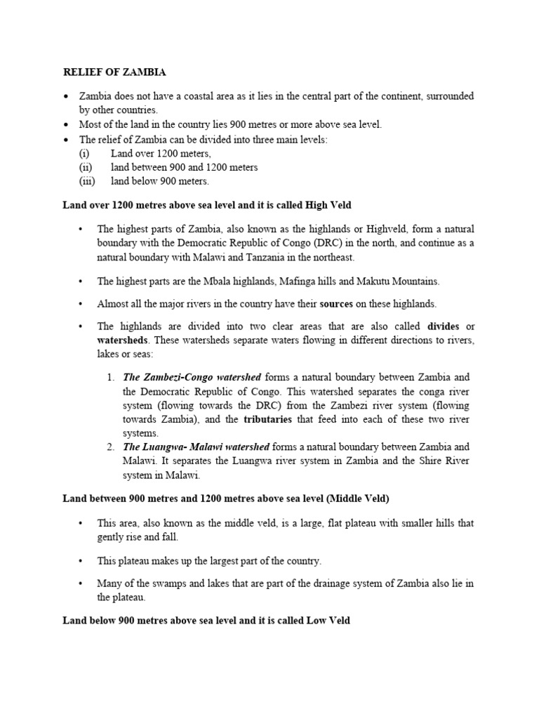 Relief of Zambia Grade 8 M Geog Notes PDF Zambia Landscape