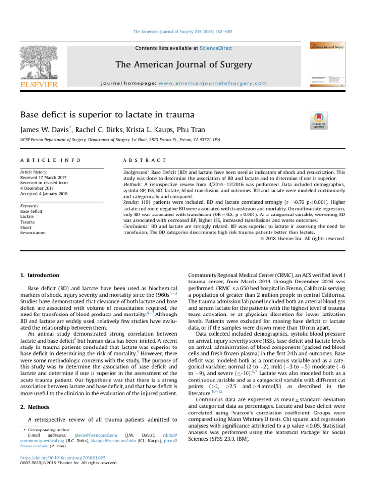 Base Deficit Is Superior To Lactate in Trauma | PDF | Physiology ...