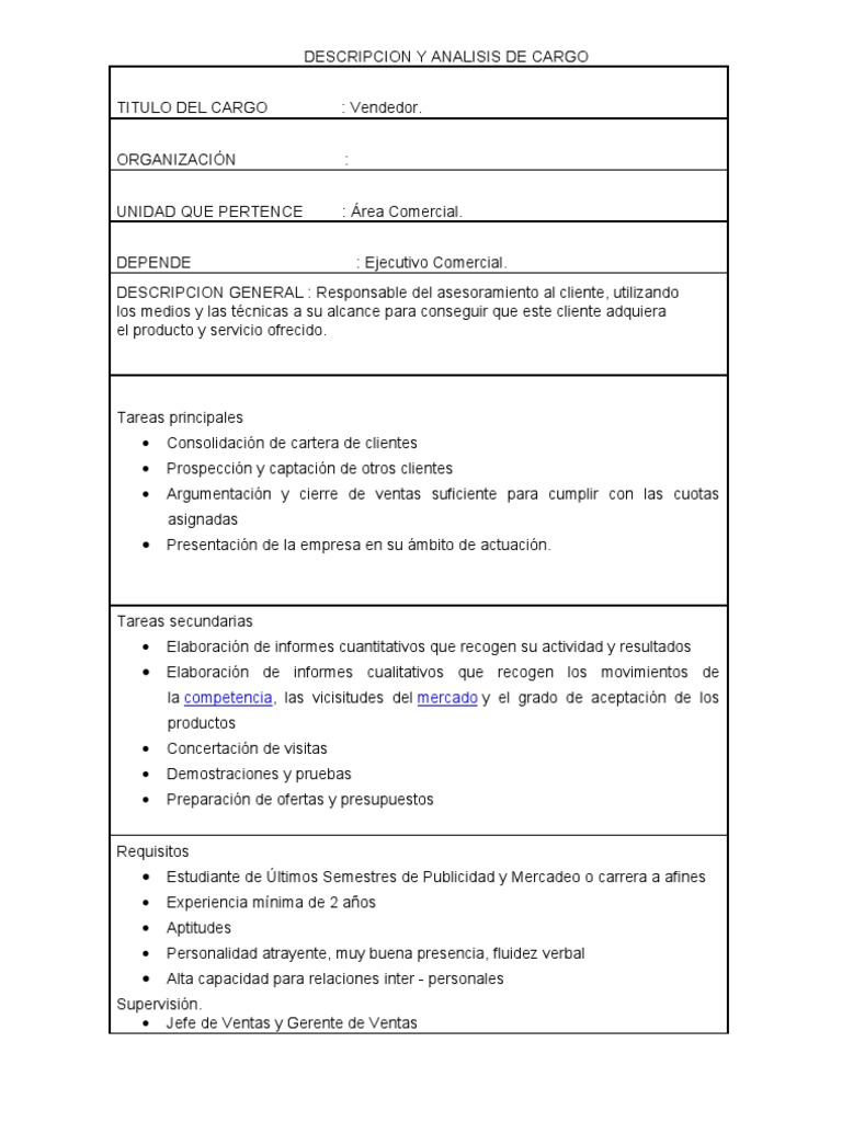 Descripcion y Analisis de Cargo Vendedor (Andres)