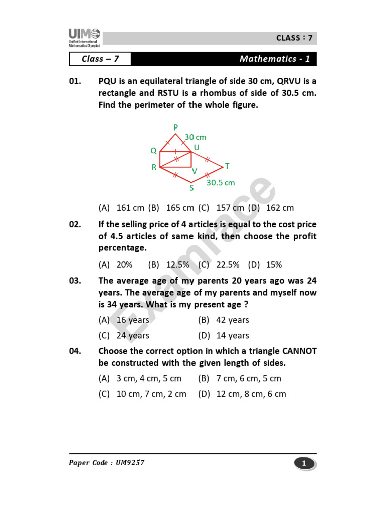 Class 7 Maths Olympiad Question Paper | PDF | Classical Geometry | Euclid