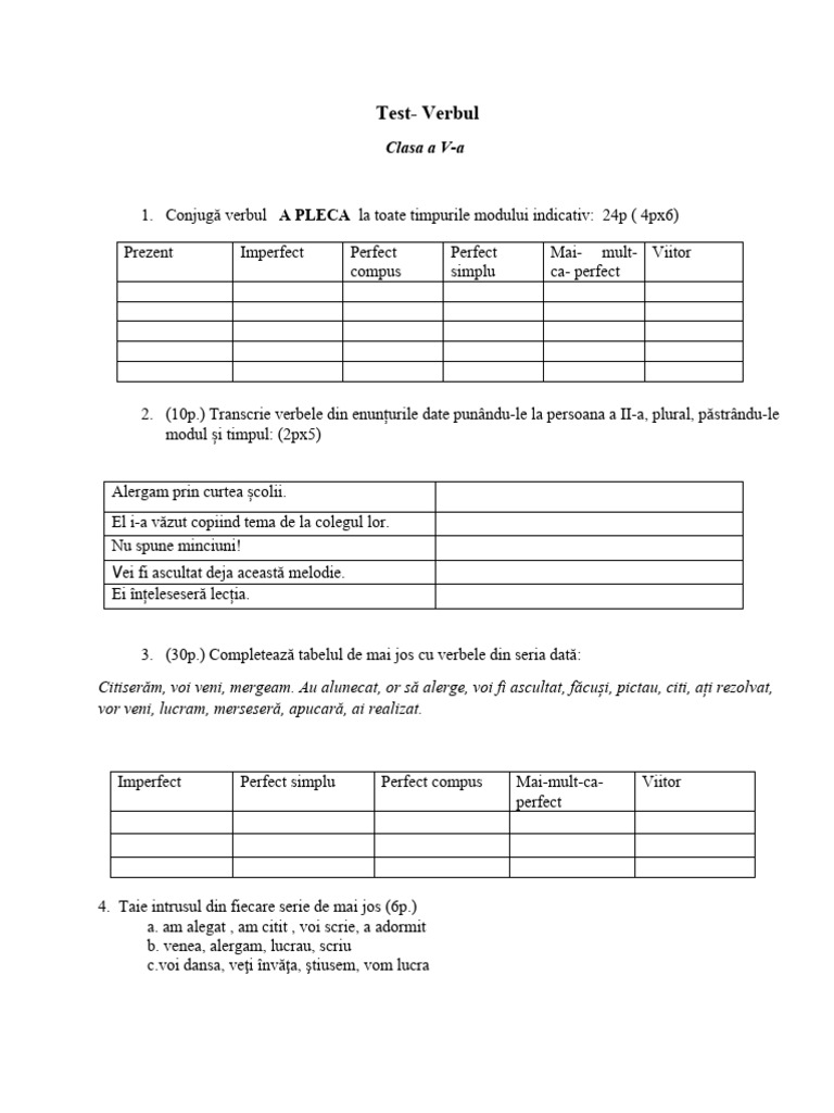 Test Verbul Clasa A V A | PDF