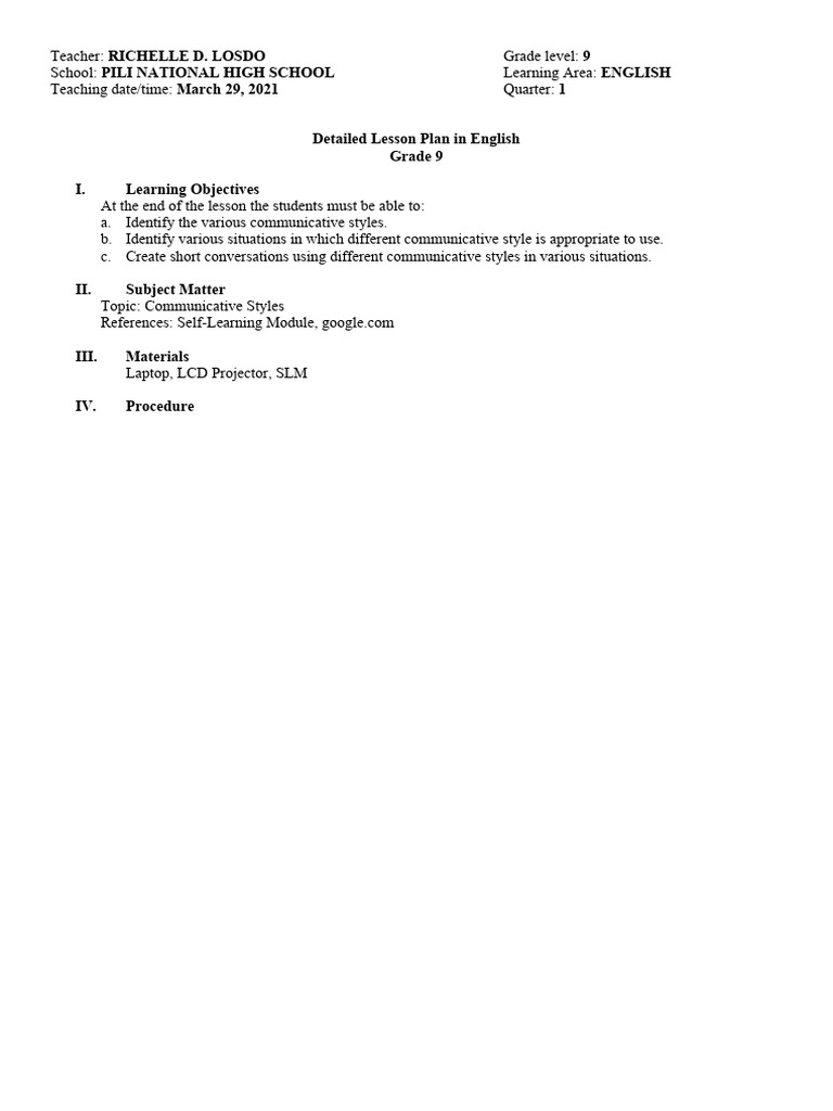 Grade 9 English Lesson Plan: Communicative Styles | PDF | Lesson Plan ...