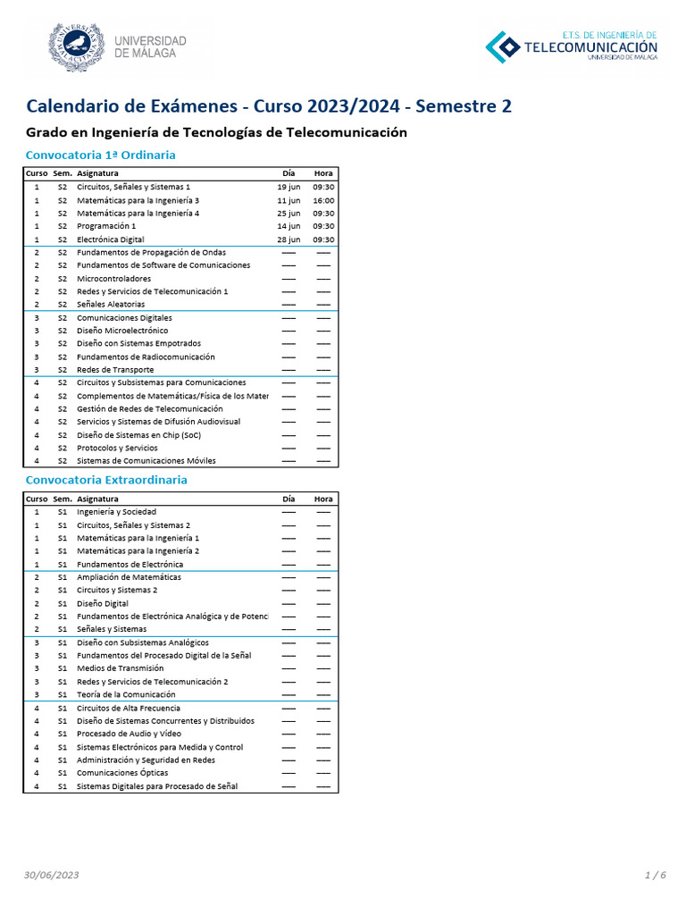 Examenes ETSIT S2 Ord1-Ext 2023-2024 Plan 2023 v4 | PDF | Electrónica ...