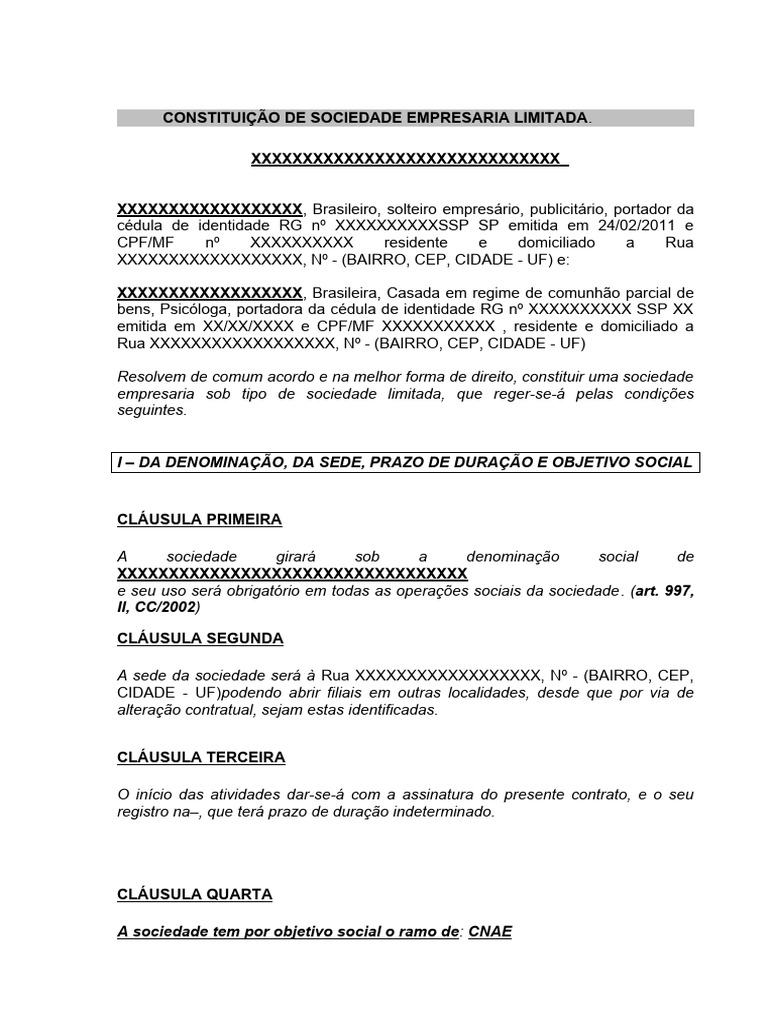 Modelo de Contrato Social de Constituição Sociedade Empresária Limitada ...