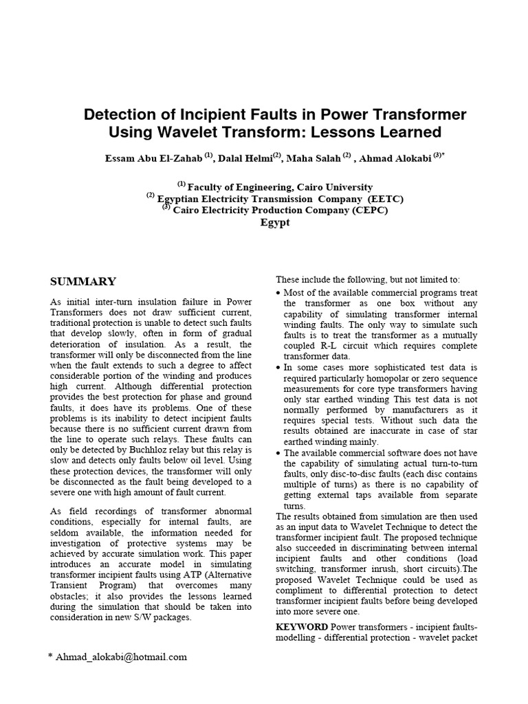 Detecting Incipient Transformer Faults | PDF | Wavelet | Transformer