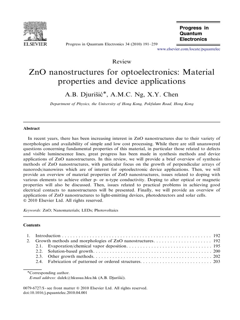 Zno Nanostructures For Optoelectronics Material Properties and Device