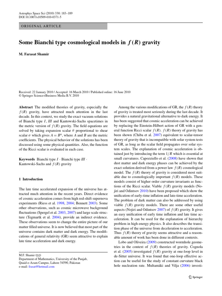 Bianchi Cosmological Models in f(R) Gravity | PDF | Dark Energy | Universe