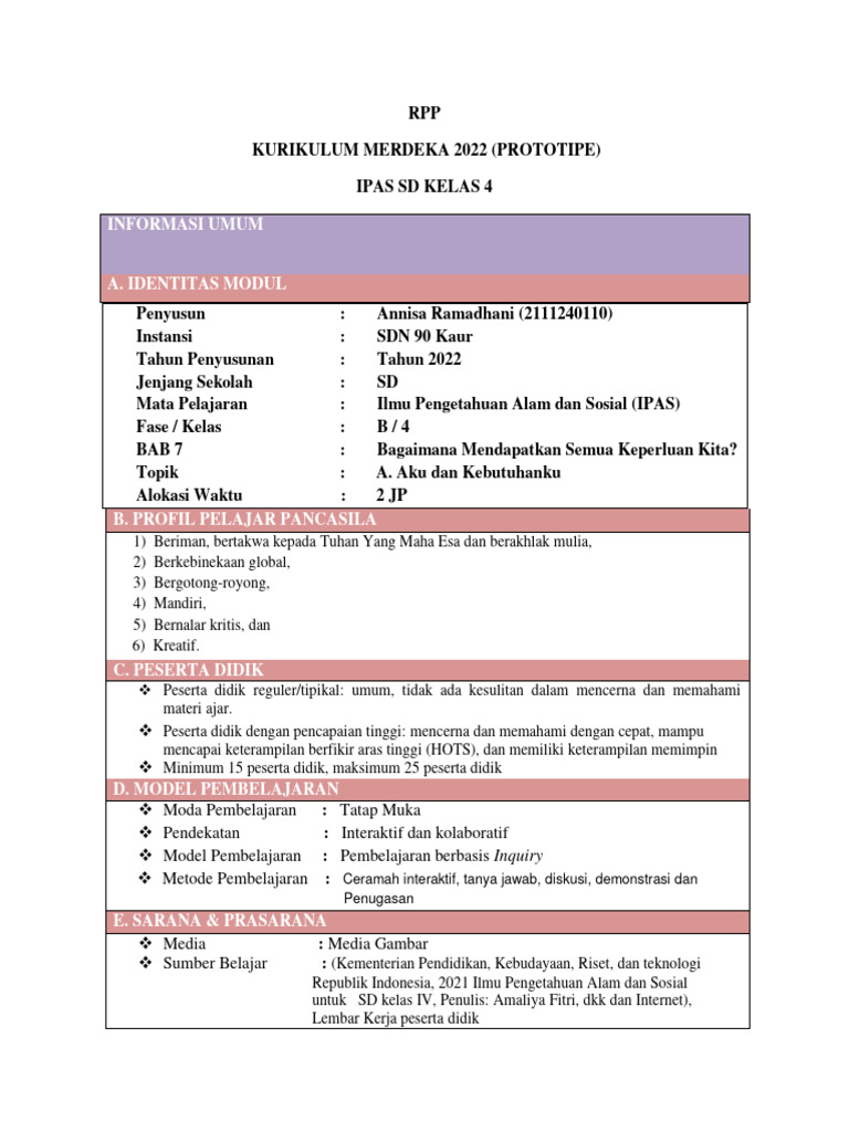 RPP Kurikulum Merdeka Kelas 4 SD | PDF