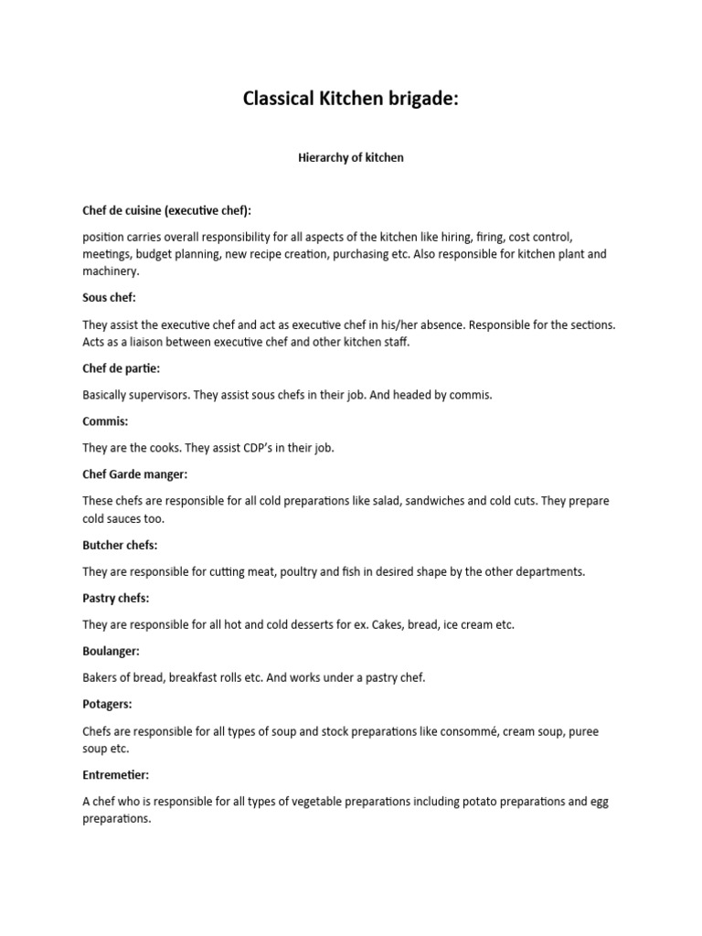 Classical Kitchen Brigade | PDF