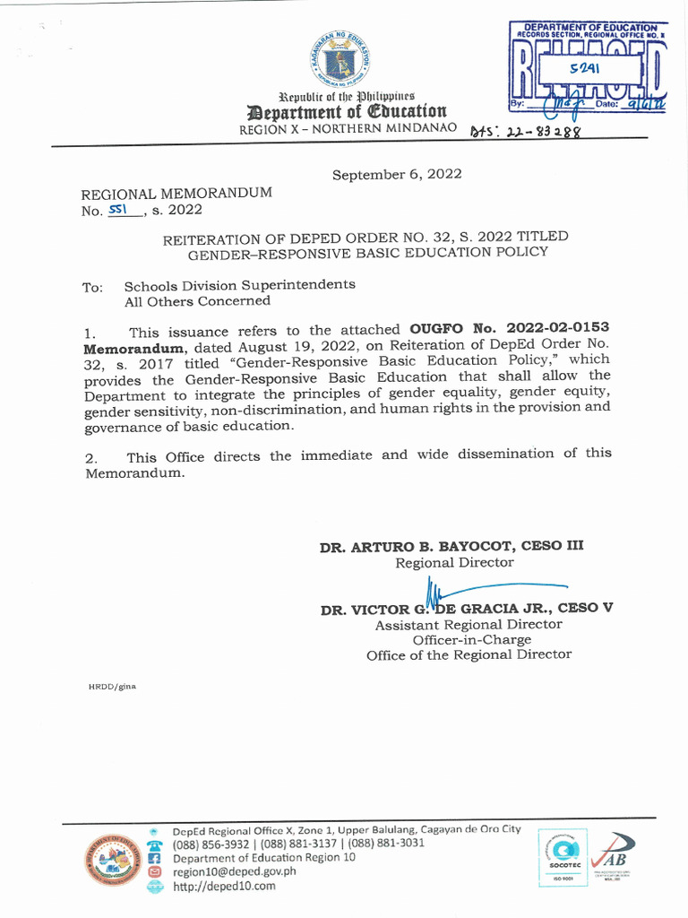 RM - 551 - Reiteration of DepEd Order No. 32 s2022 Titled Gender ...