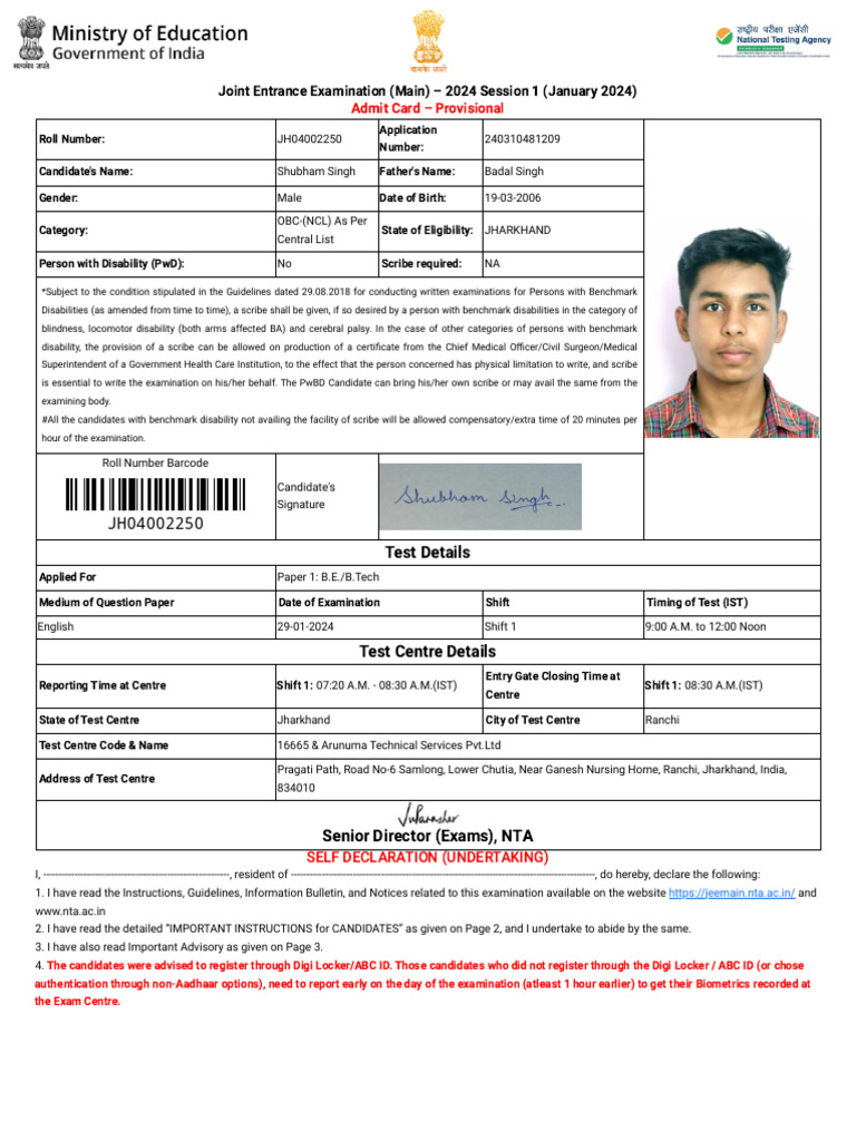 JEE Main 2024 Admit Card Instructions | PDF | Identity Document