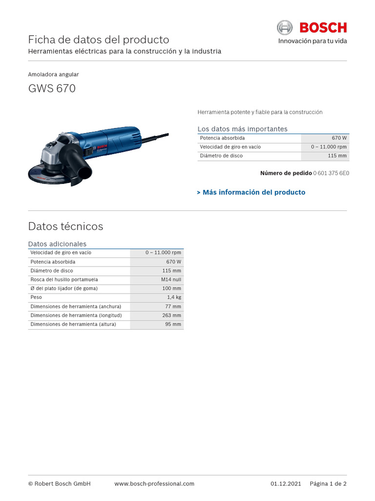 Bosch Gws 670-Amoladora | PDF | Hogar y jardín | Tecnología e ingeniería