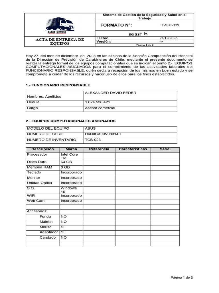 Acta de Entrega de Equipos Computacionales | PDF | Software | Equipo de ...