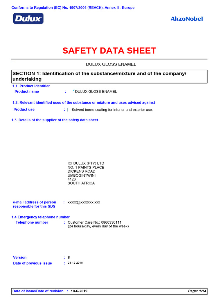 Dulux Gloss Enamel Msds PDF Waste Workplace