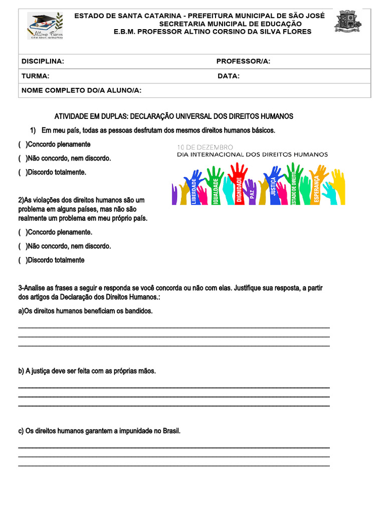Atividade Sobre Direitos Humanos | PDF | Direitos Humanos | Liberdade
