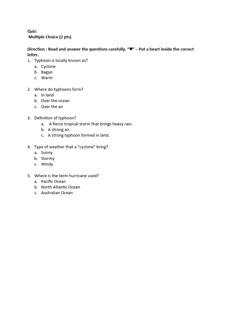 Typhoon Knowledge Quiz | PDF | Language Arts & Discipline