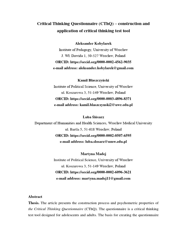 Critical thinking questionnaire cthq construction and application
