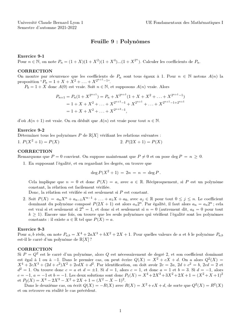 Exercices Corrigés sur les Polynômes | PDF | Zéro d'une fonction ...