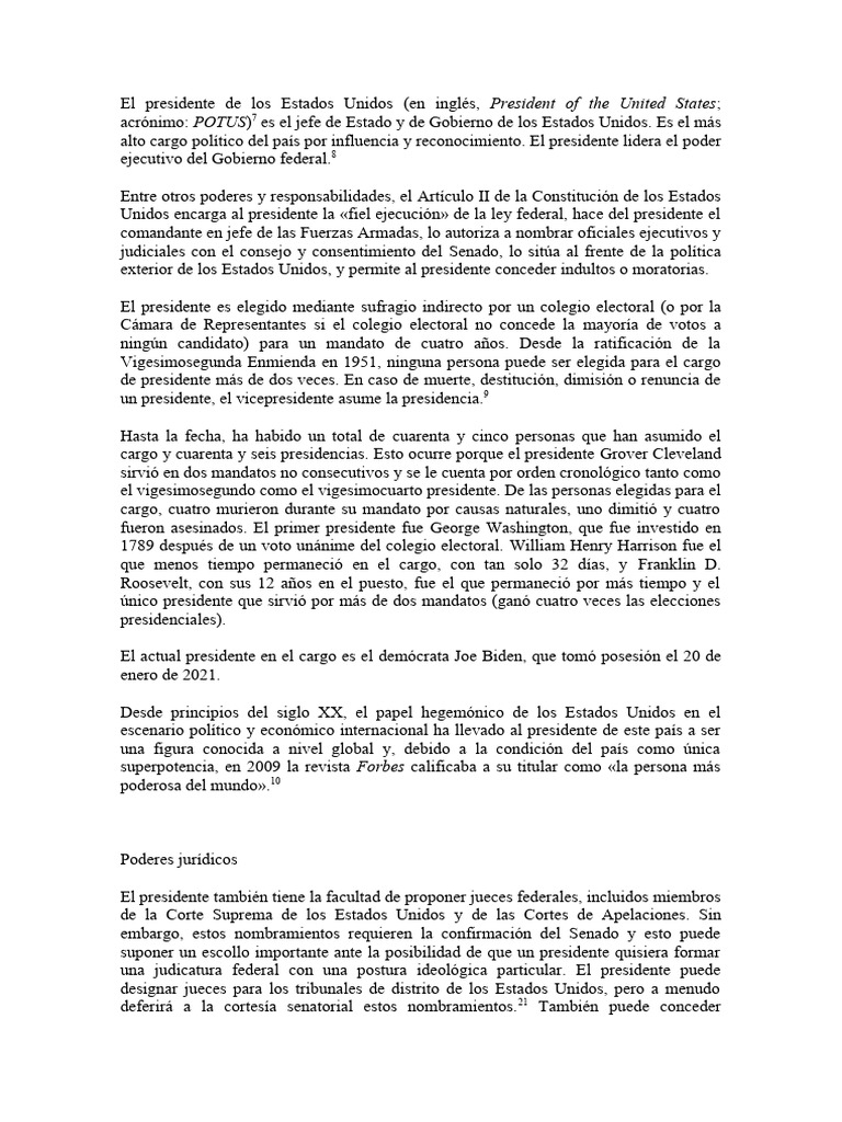 El Presidente de Los Estados Unidos | PDF | Presidentes de los Estados ...