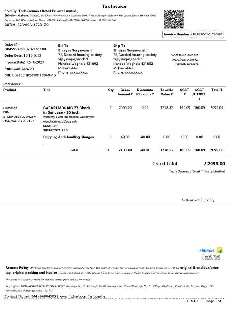 Safari Bag Invoice 77inches PDF | PDF | Economies | Taxes