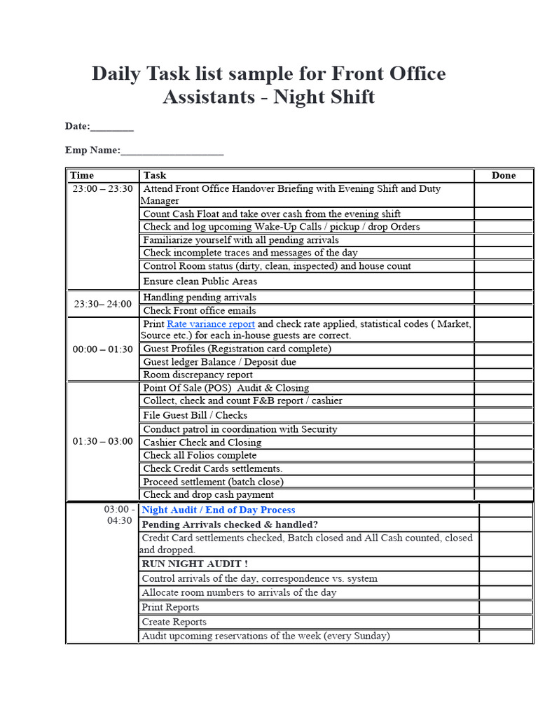 Night Shift Front Office Task Checklist | PDF | Point Of Sale | Credit Card