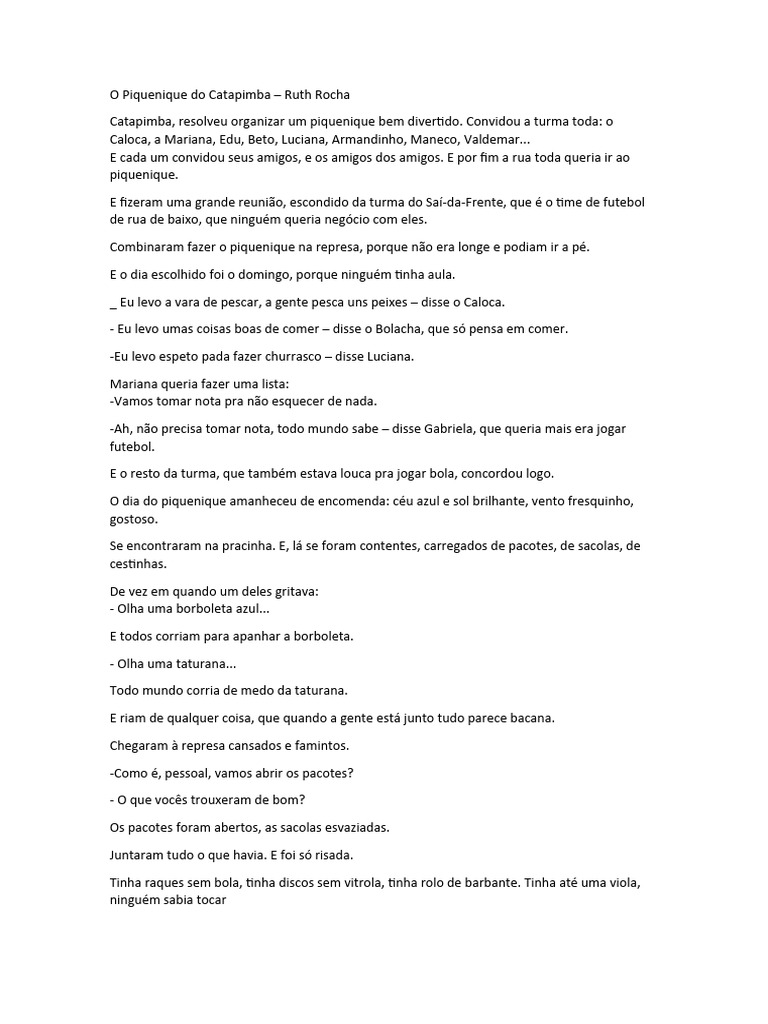 O Piquenique do Catapimba: Aventura e Amizade | PDF