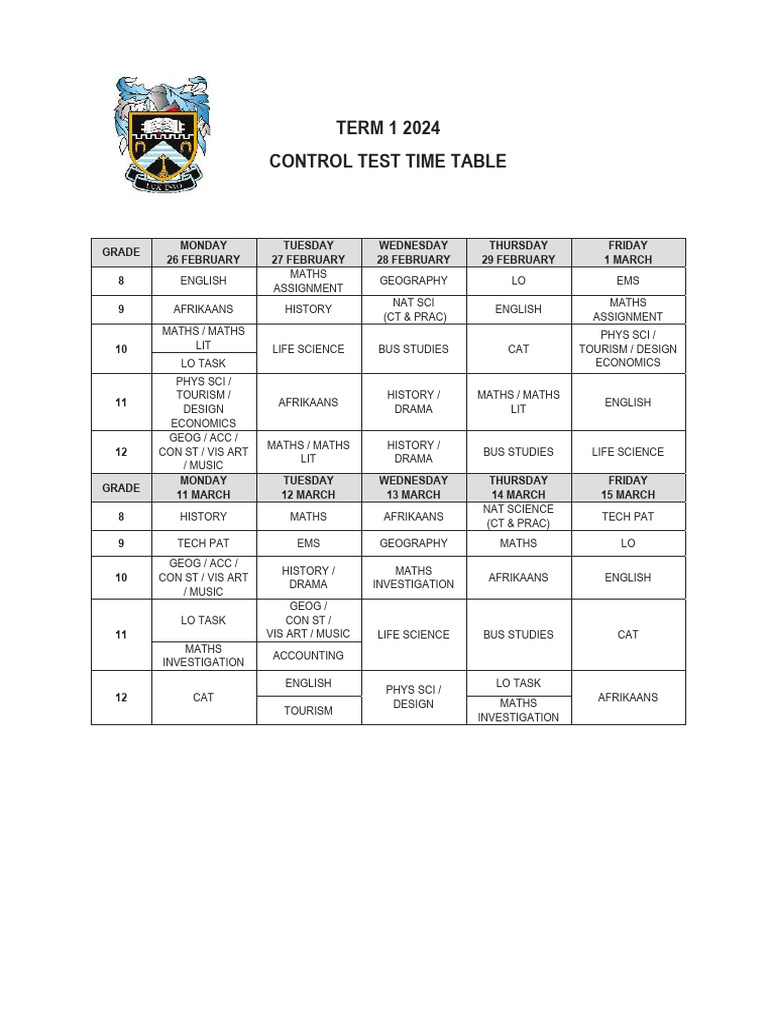 Term 1 2024 Control Test Timetable | PDF