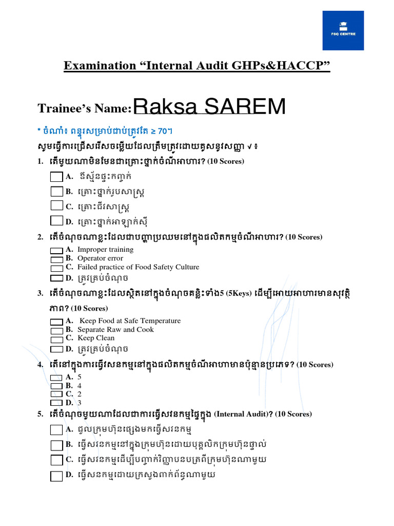 FSQ_Examination_Internal Audit_GHPs&HACCP PDF