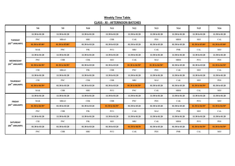 Class XI Afternoon Batch Schedule | PDF