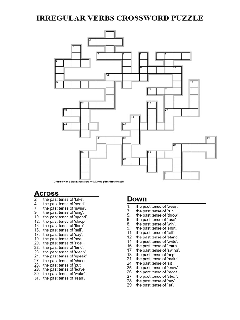 Irregular Verbs Crossword Puzzle PDF Grammatical Tense Grammar