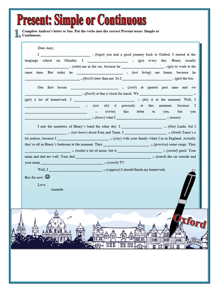 A Letter Present Simple or Contionuous Grammar Drills Reading ...