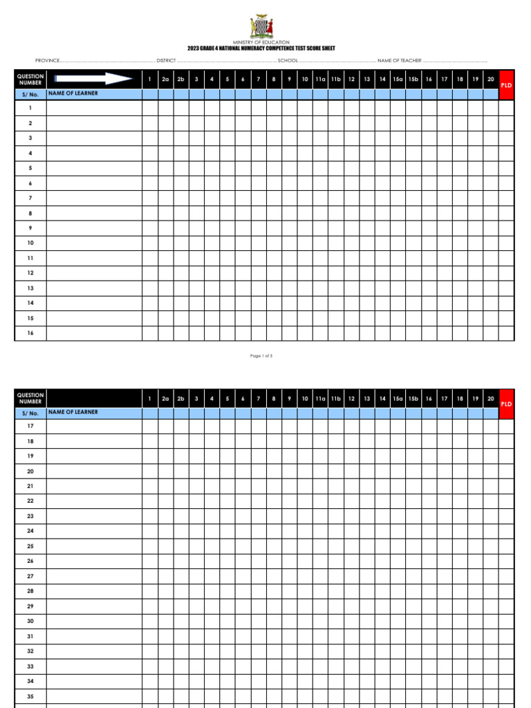 Numeracy Grade 4 Score Sheet | PDF | Numbers | Area