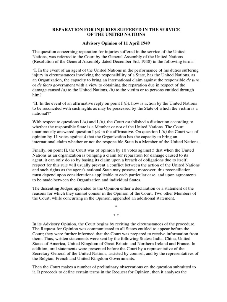 UN Reparation for Injuries Advisory Opinion | PDF | United Nations ...